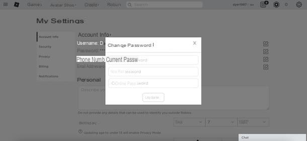 How to change password on Roblox
